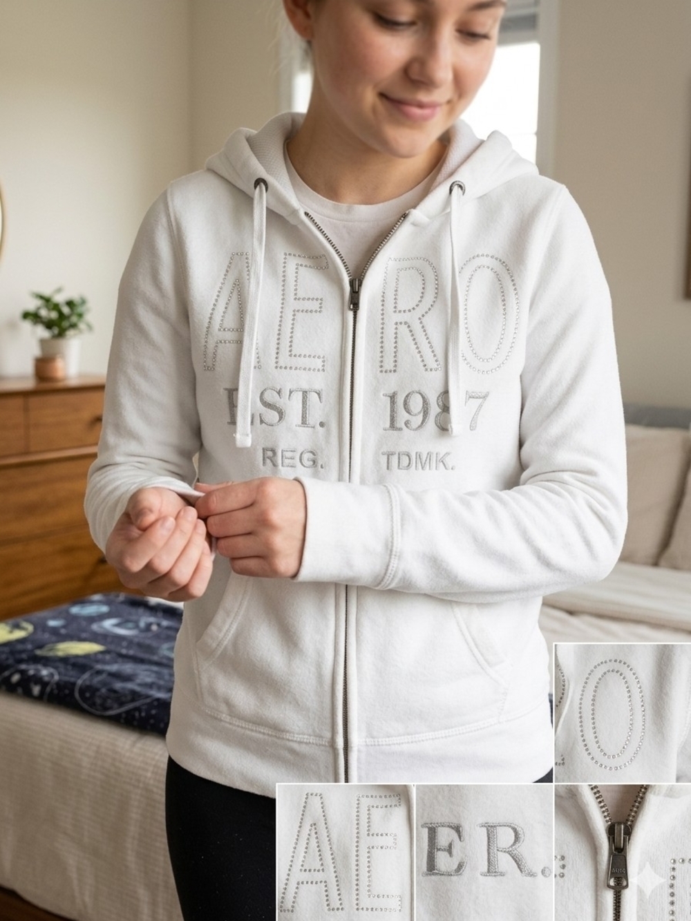 Aeropostale White Embellished Zip Hoodie